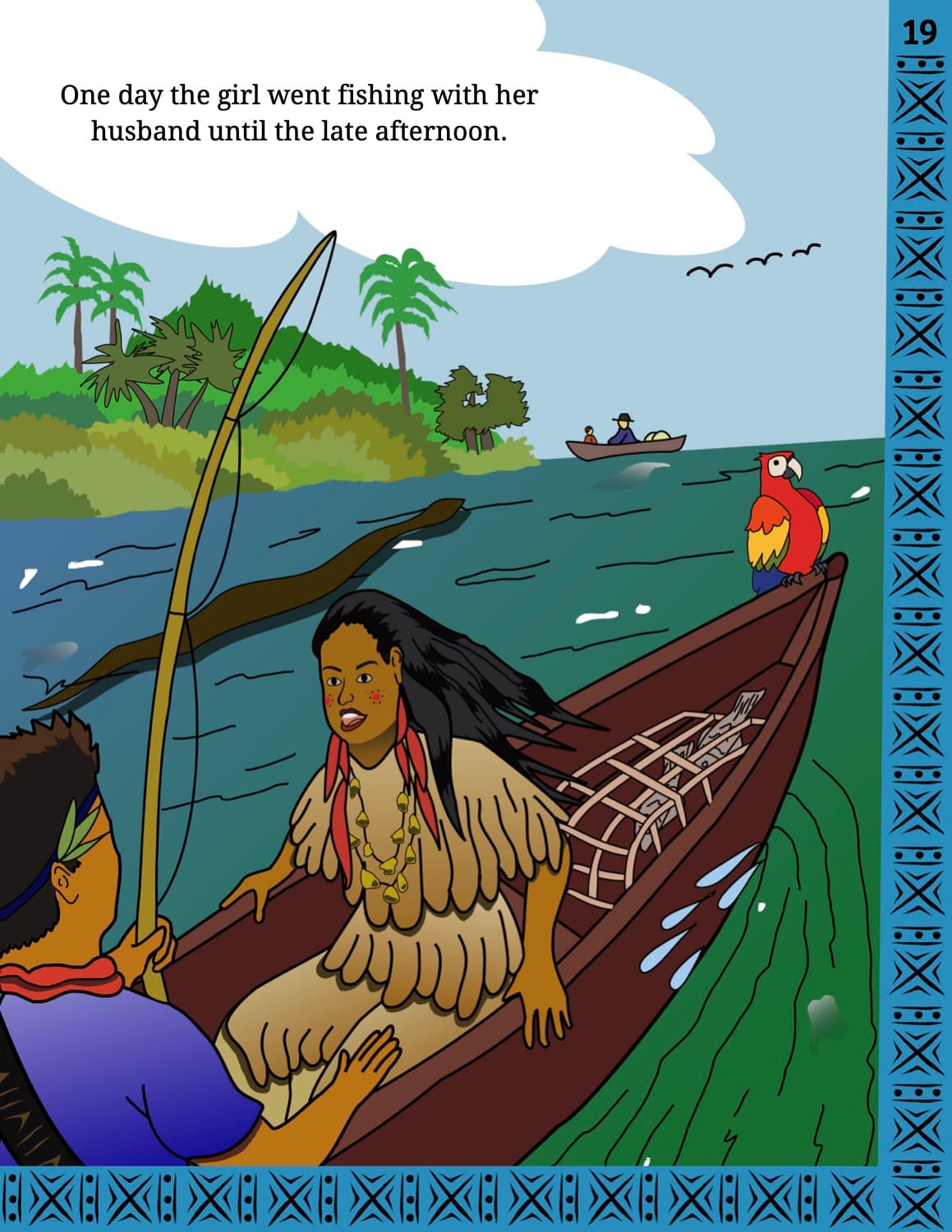 The couple fishing from a canoe on the river