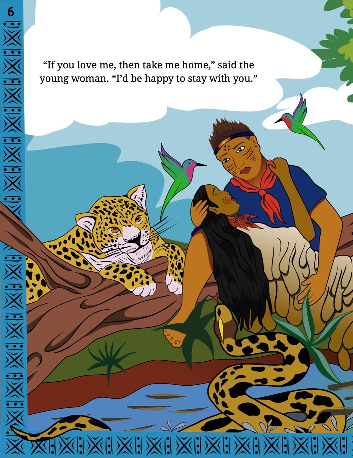 The hunter and the woman of clay beside a jaguar and a river